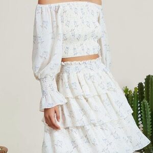 Womens White Blue Floral 2-Piece Set Off Shoulder Top + Skirt Cottagecore Boho S